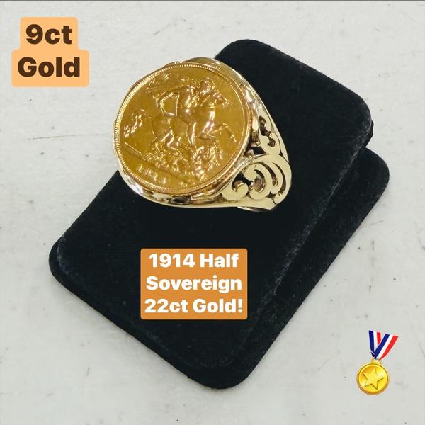 22ct 1914 Half Sovereign Coin in 9ct Yellow Gold Ring Size Y 1/2 ...